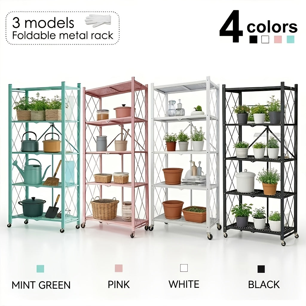 Folding Metal Shelving Unit with Listed Lockable Wheels, 3-, 4- or 5-Tier Storage Rack and Plant Stand in Black, White, Pink or Green for Home Organization