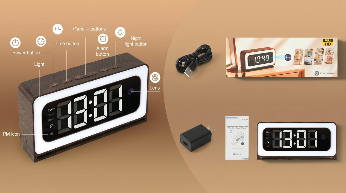 Wood-Grain Indoor Security Clock Camera with Listed 2K Video, Dual-Band WiFi, Color Night Vision, Motion Alerts, Rechargeable Battery and Optional microSD Storage