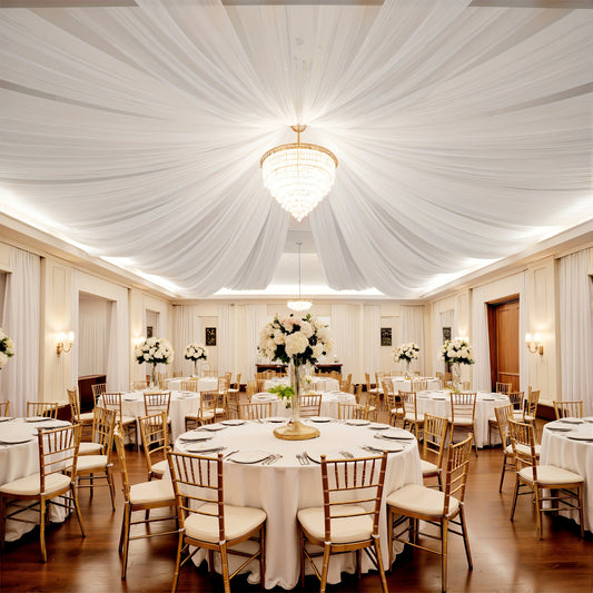 Wedding Ceiling Draping Fabric Set, Six Chiffon-Style Panels with Listed 63 x 118 Inch Size and Pole Pockets in Twelve Color Labels for Ceremony and Event Decor
