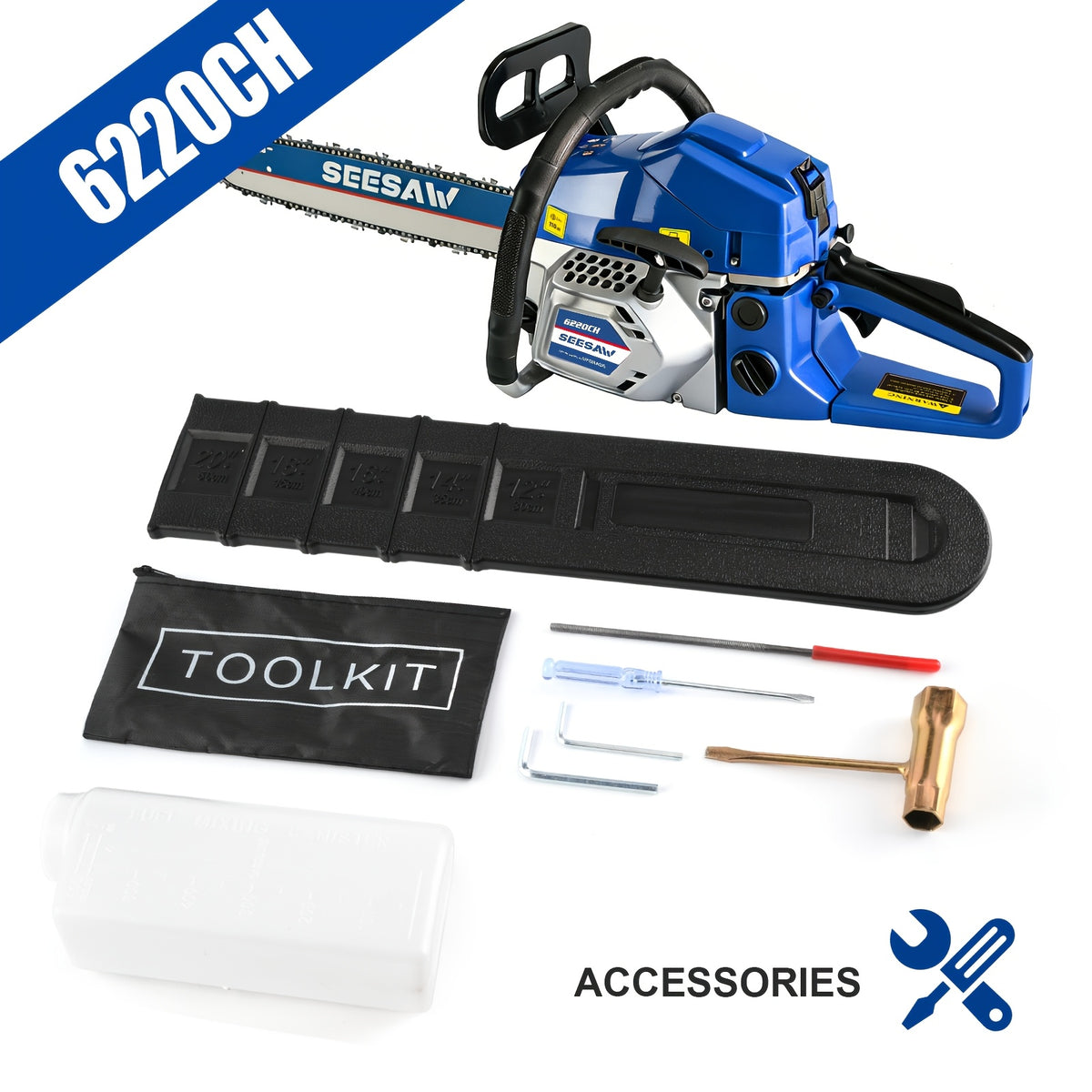 Gas Chainsaw with 62cc Two-Stroke Engine and Listed 20-Inch Bar, Four Color Options with Tool Kit, Oil Can and Bar Cover References for Outdoor Wood Cutting