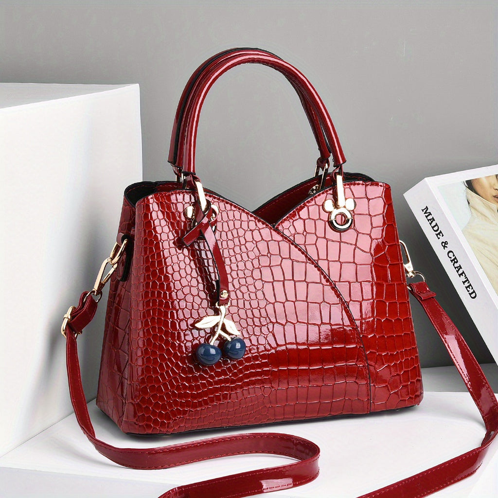 Faux Crocodile Texture Handbag, Women's Burgundy or White Fashion Bag with Cherry Pendant, Zipper Closure and Polyester Lining for Shoulder and Crossbody Styling