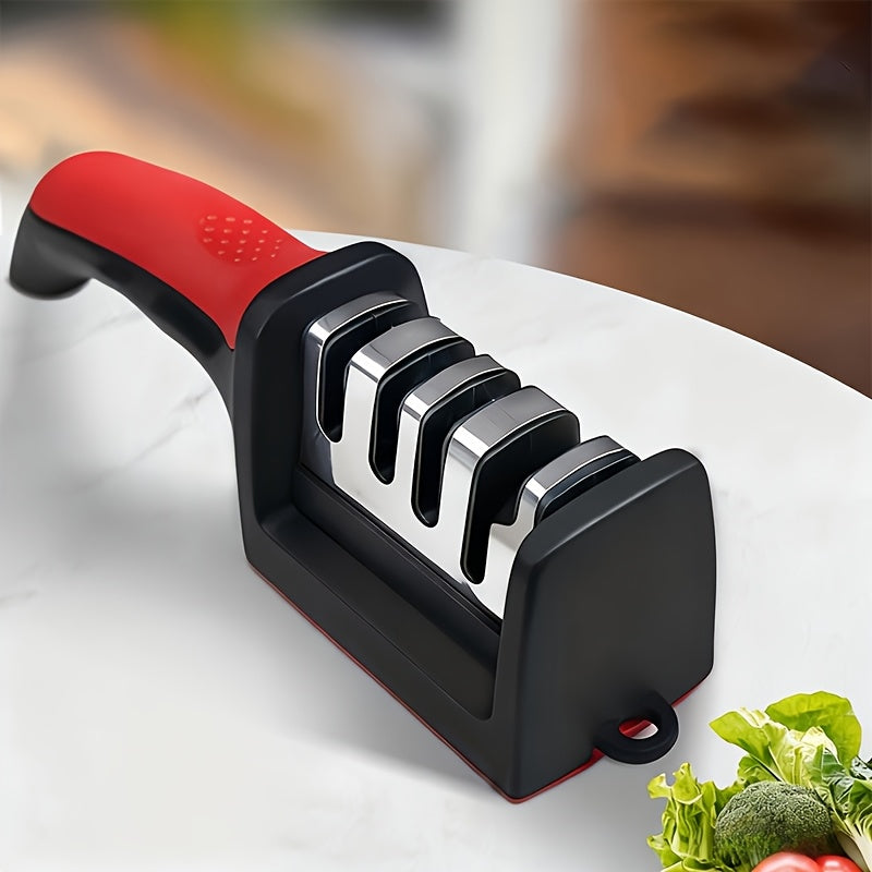 4-Stage Knife Sharpener with Non-Slip Grip, Red and Black Kitchen Edge-Care Tool with Listed Tungsten, Diamond and Ceramic Abrasives for Compatible Knives