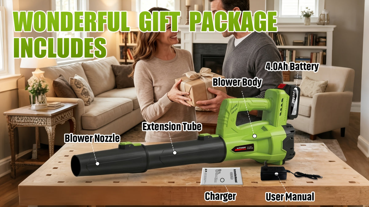 Extension Nozzle Leaf Blower with Non-Slip Handle, Green 4000mAh or Yellow 2000mAh One- and Two-Battery Options for Outdoor Leaf Cleanup and Yard Maintenance