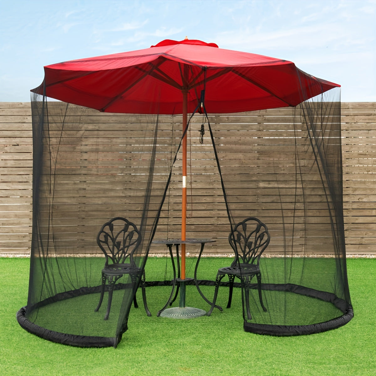 Patio Umbrella Mosquito Netting in Black for Listed 9–10-Foot Canopies, Adjustable Drawstring Screen with Zippered Entrance and Water-Fill Base Tubes