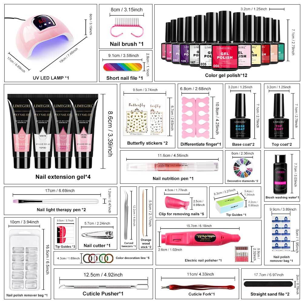 Gel Manicure Kit with 12 Listed Polish Colors and 4 Extension Gel Colors, Nail Lamp and Electric Drill References, Five Set Options for Adult Nail Art