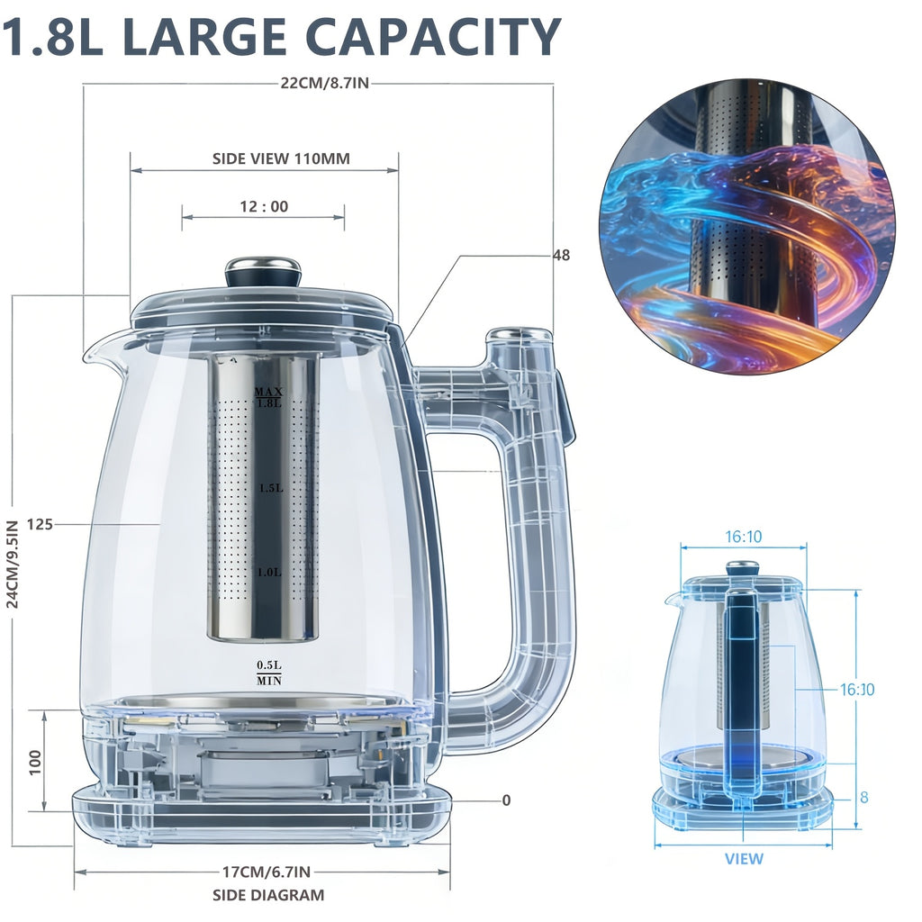 Removable-Filter Electric Kettle, Black 1.8L Water Boiler with Listed 304 Stainless Steel, 360-Degree Base, Auto Shut-Off and Boil-Dry Protection for Tea and Coffee