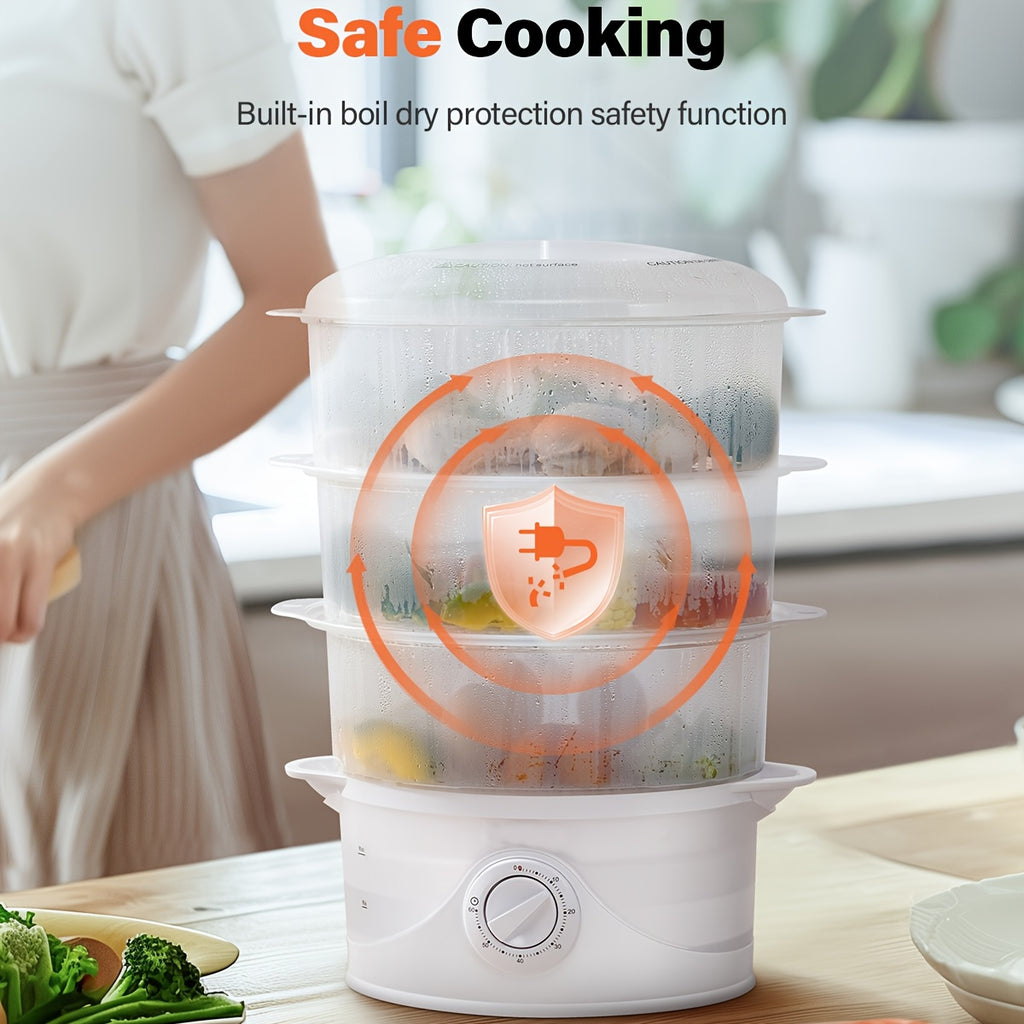 Electric Food Steamer with 3 Tiers, 9.6QT Capacity and 800W Power, White Vegetable and Dumpling Steamer with 60-Minute Timer and Boil-Dry Protection