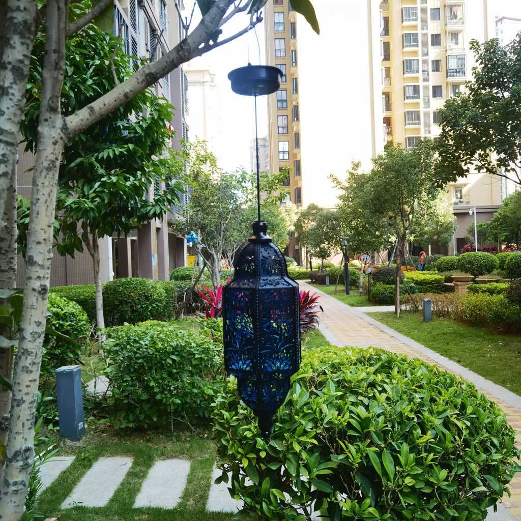 Hexagonal Solar Hanging Lantern, Moroccan-Inspired Hollow Iron Garden Light with Floral Pattern Projections and Automatic Night Lighting for Patio and Porch Decor