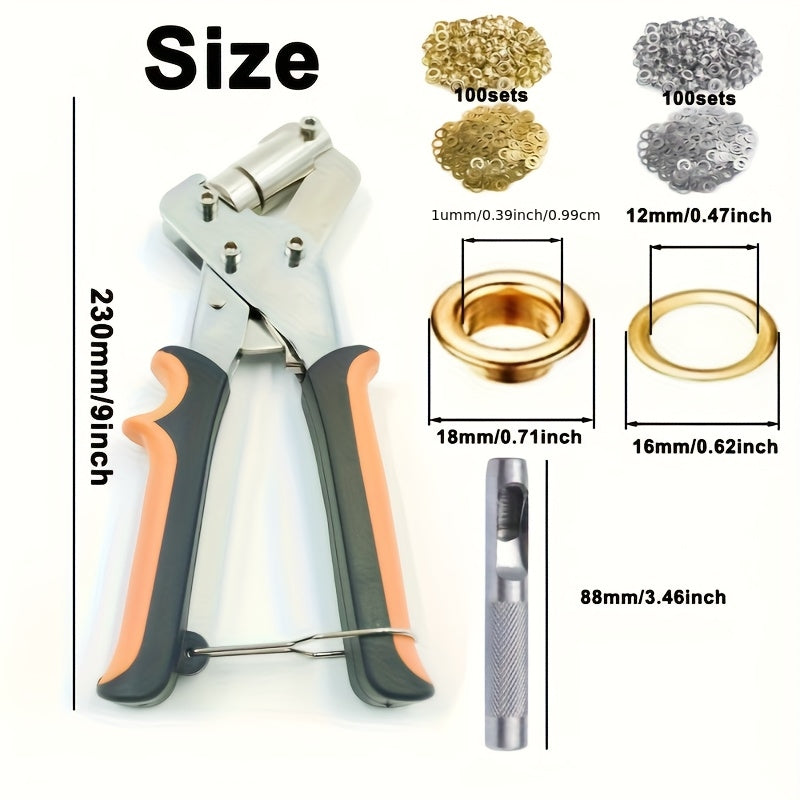Eyelet Punch Set with Listed 10mm Eyelets and Rings, 200-Set Tool Option Label for DIY Tarpaulin, Faux Leather and Fabric Sewing or Craft Projects