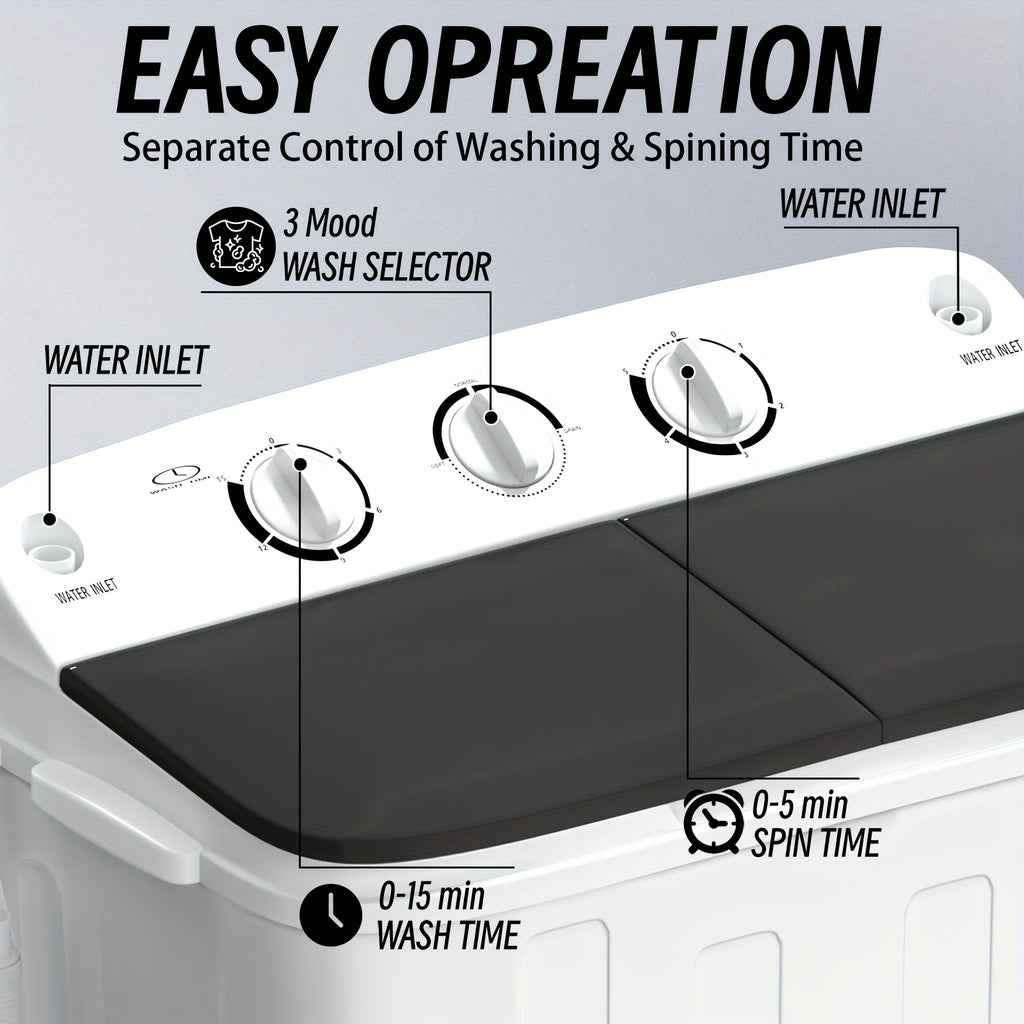 Double Drum Portable Washer in Black with Listed 19lb Capacity and 1300RPM Spin, Gravity Drainage, Seven Hangers and One Drying Rod for Small-Load Laundry