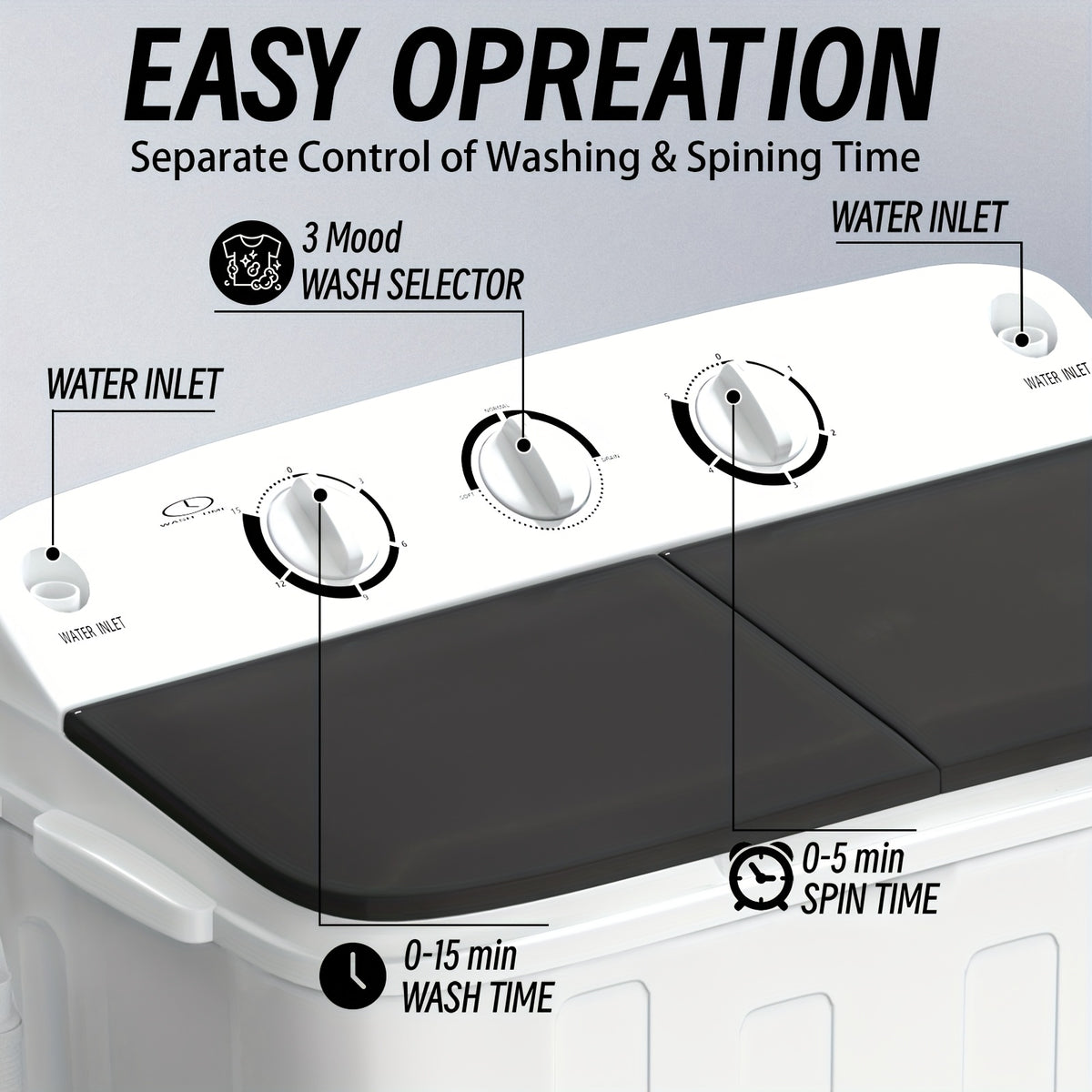 Double Drum Portable Washer in Black with Listed 19lb Capacity and 1300RPM Spin, Gravity Drainage, Seven Hangers and One Drying Rod for Small-Load Laundry