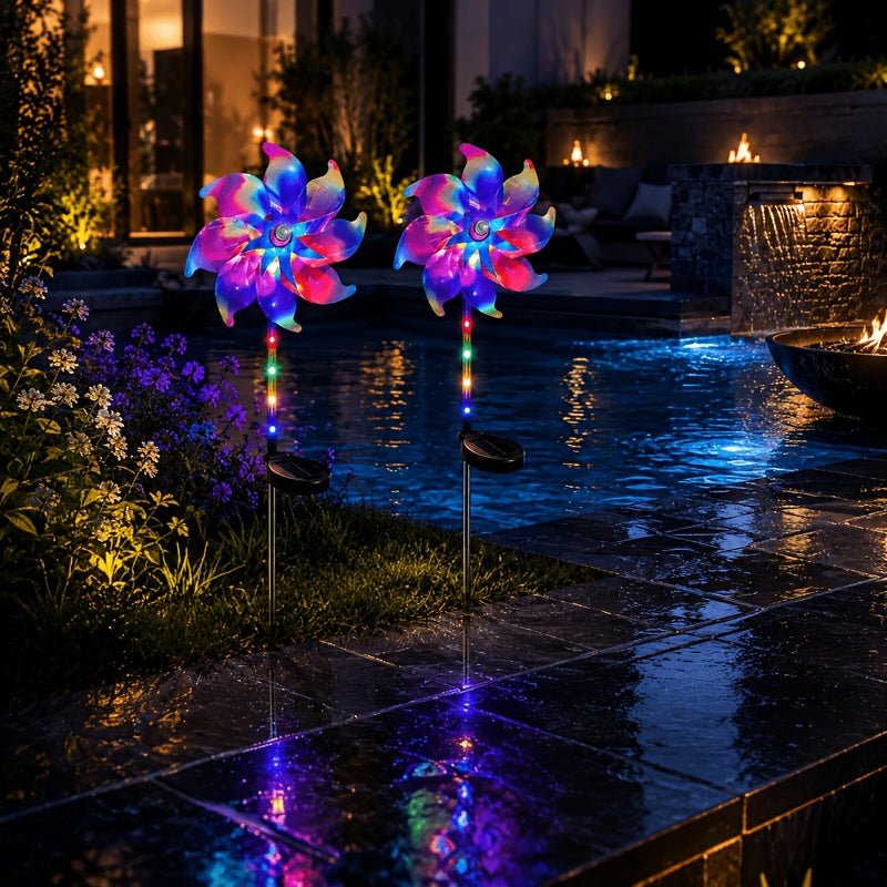 Solar Windmill Garden Lights 2-Pack with Color-Changing and 360-Degree Rotating Design, Colorful Purple or Blue Style Options for Patio and Path Displays