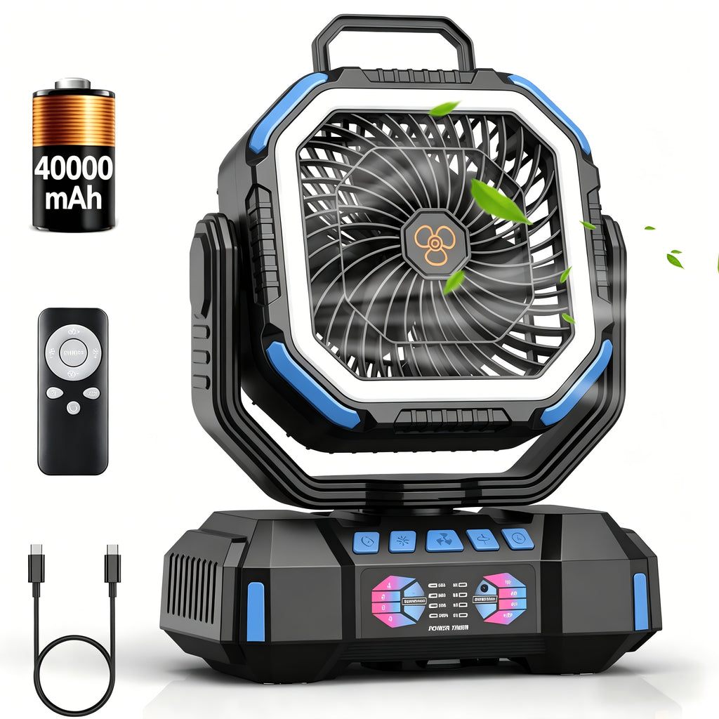 Remote-Control Portable Fan and LED Lamp with Listed 40000mAh Battery, Four Speeds, Five Brightness Levels and Type-C Charging for Camping and Home Airflow