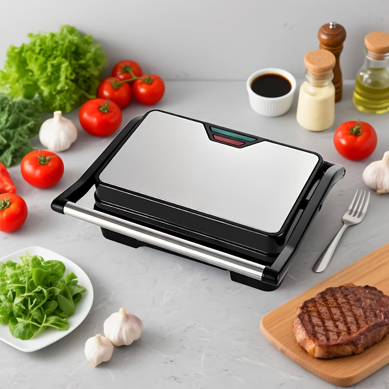 Double-Sided Electric Grill with Black Square Design and Listed Upper and Lower Heating, Panini and Sandwich Cooking Wording for Everyday Home Kitchen Meal Preparation