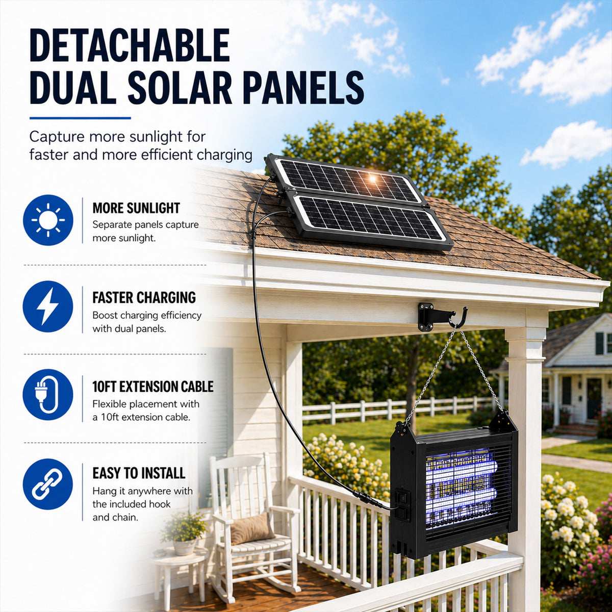 Bug Zapper 4200V Outdoor Solar Powered, Dual Solar Panel USB Rechargeable Insect Trap with Auto On/Off, IPX4 Waterproof for Patio, Backyard, Garden and Camping
