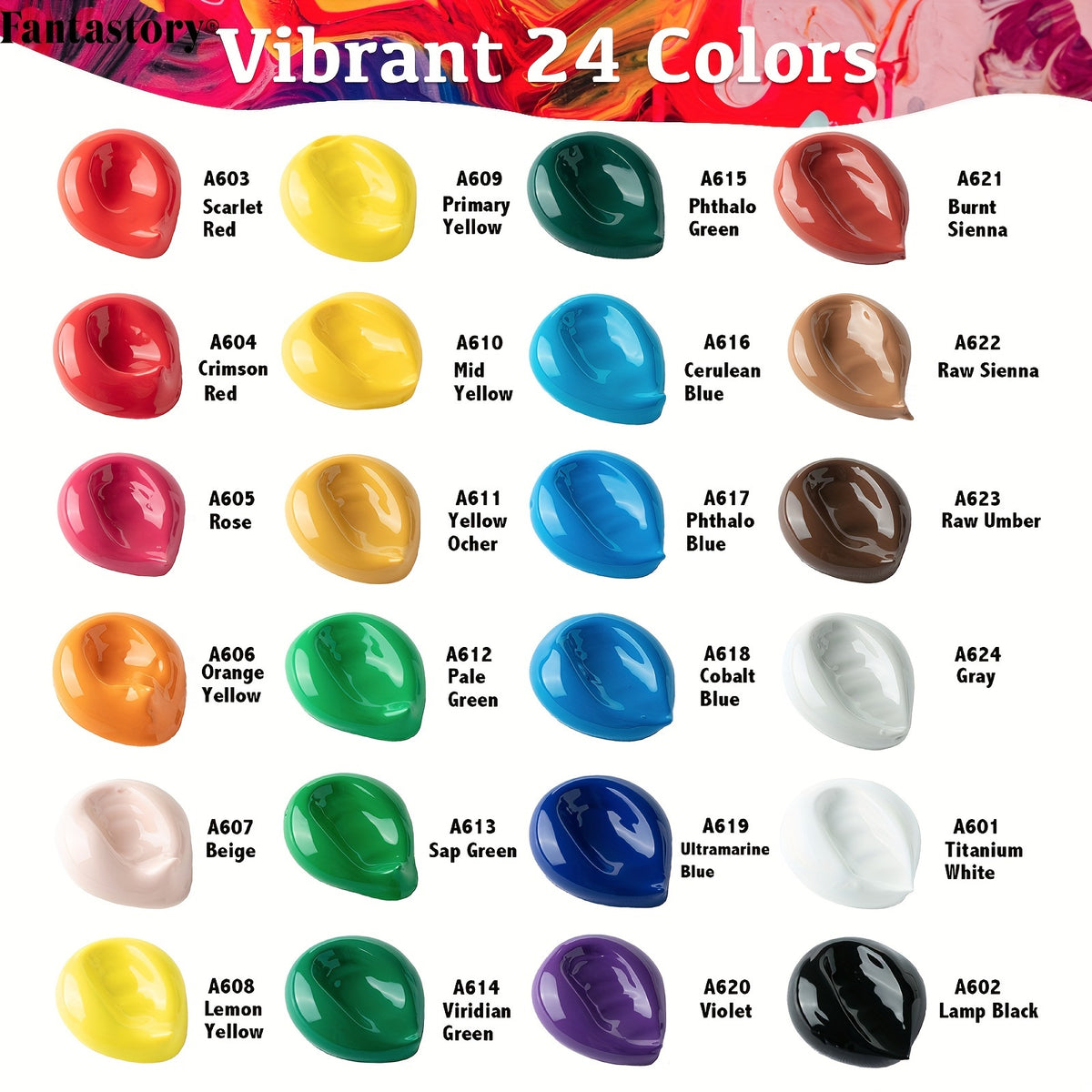Thick Acrylic Paint Set by Fantastory, 24 Vibrant Colors in Listed 2oz/60ml Sizes with 12 Brushes for Canvas, Wood, Rock, Glass and Ceramic Craft Projects