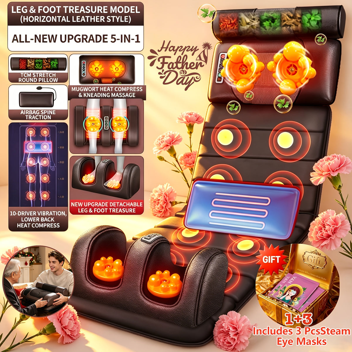Heated Massage Pad for Home Relaxation, Brown Foldable 5-in-1 Body Massage Mat with Listed Multiple Modes for Neck, Shoulders, Back, Waist and Legs