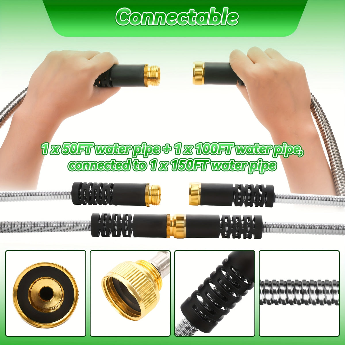 Metal Outdoor Watering Hose with Listed Stainless Steel Design, 50ft or 100ft Options and Ambiguous Three-Fitting and Ten-Function Nozzle Wording for Garden Care