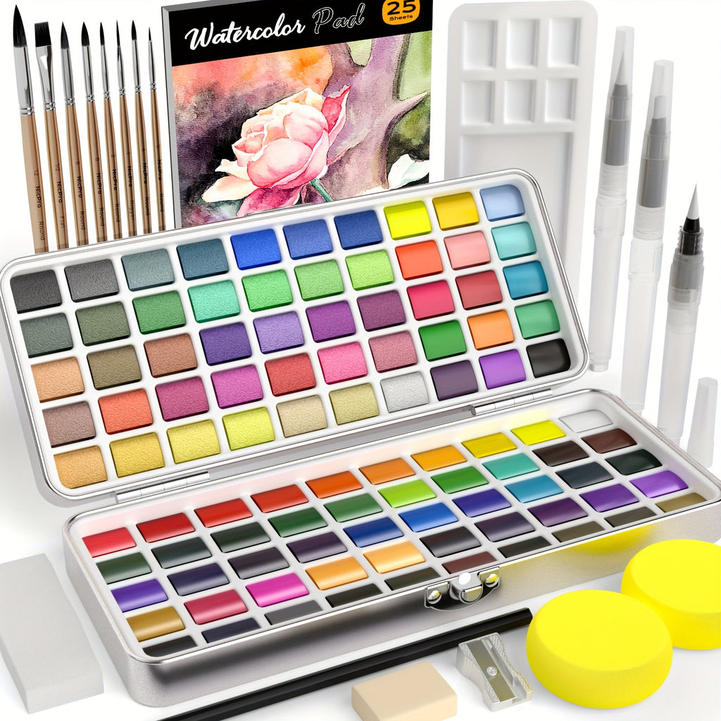 Watercolor Paint Starter Set, 100, 128 or 168 Color Options with Metallic, Macaron and Fluorescent Shades, Brushes, Watercolor Paper and Palette
