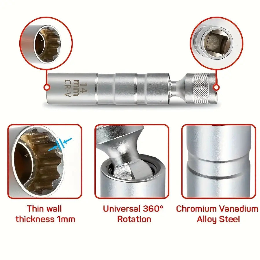 Spark Plug Socket Set with Magnetic Design and Listed 14mm plus 16mm Sizes, Alloy Steel Tool Selection for Compatible Automotive Spark Plug Maintenance