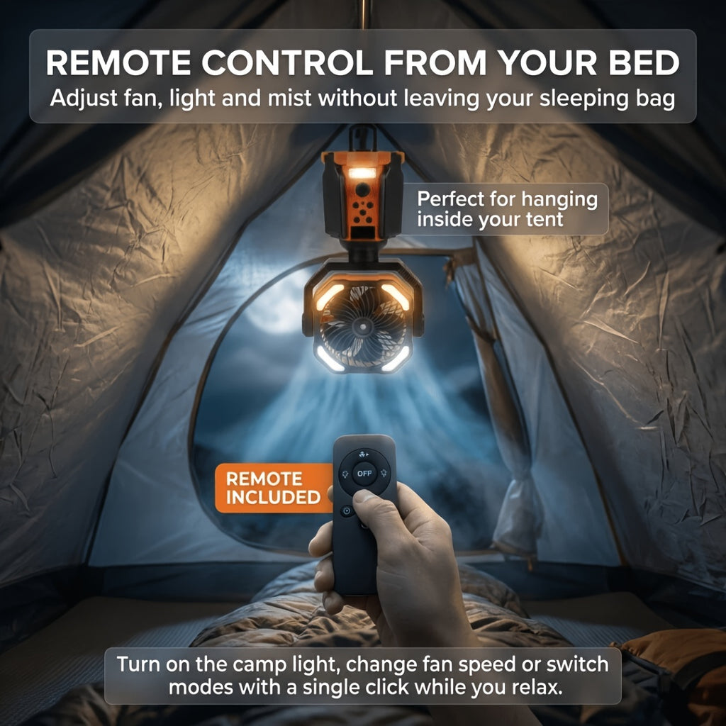 TAZTIR Camping Fan with Listed 20000mAh Battery, Basic or Mist Models in Black or Orange and a Mist+Scalable Option for Tent and Campsite Airflow