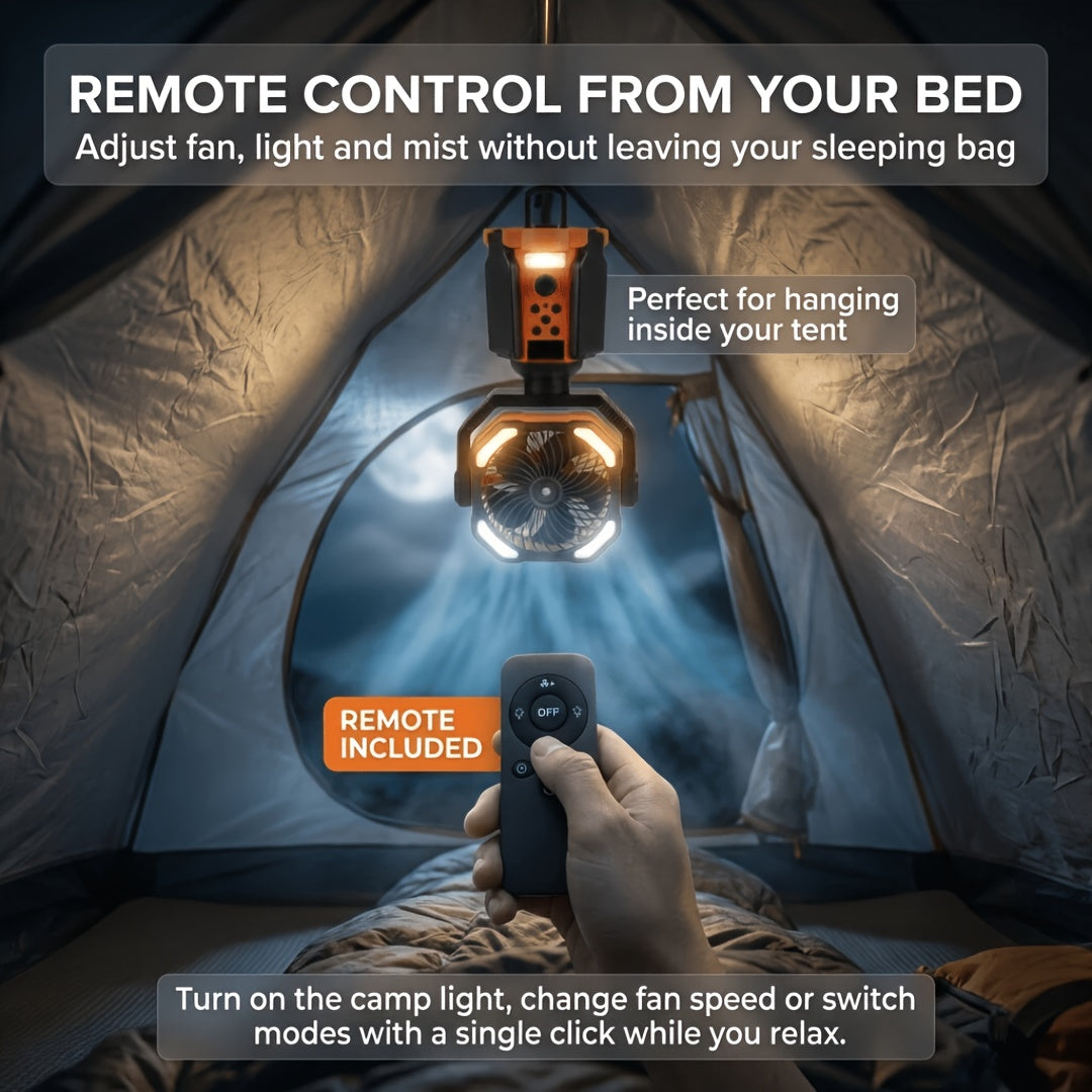 TAZTIR Camping Fan with Listed 20000mAh Battery, Basic or Mist Models in Black or Orange and a Mist+Scalable Option for Tent and Campsite Airflow