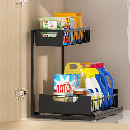 Two-Tier Sliding Under Sink Organizer for Kitchen and Bathroom Cabinets, Metal Pull-Out Storage Rack in Black, White or Gray with Single and Two-Pack Options