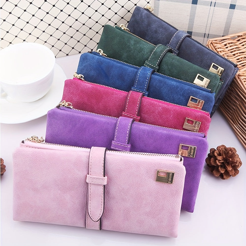 Womens Long Wallet Clutch with Photo Window and Credit Card Organizer, Solid Color Everyday Accessory in Green, Pink, Brown, Dark Blue, Rose Red, Purple or Gray