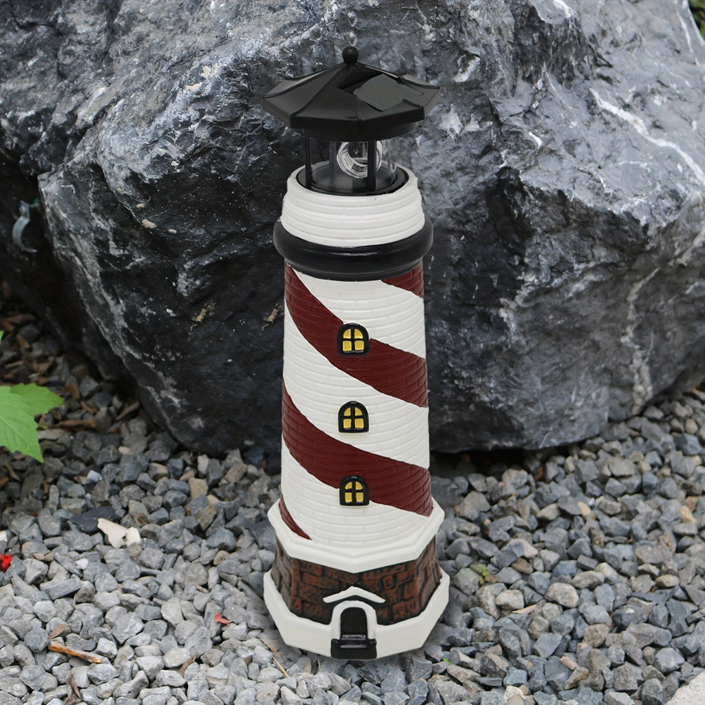 Solar Lighthouse Garden Decor with 360-Degree Rotating LED Light, Blue or Red Outdoor Statue Lantern for Patio, Courtyard and Nautical Landscape Displays