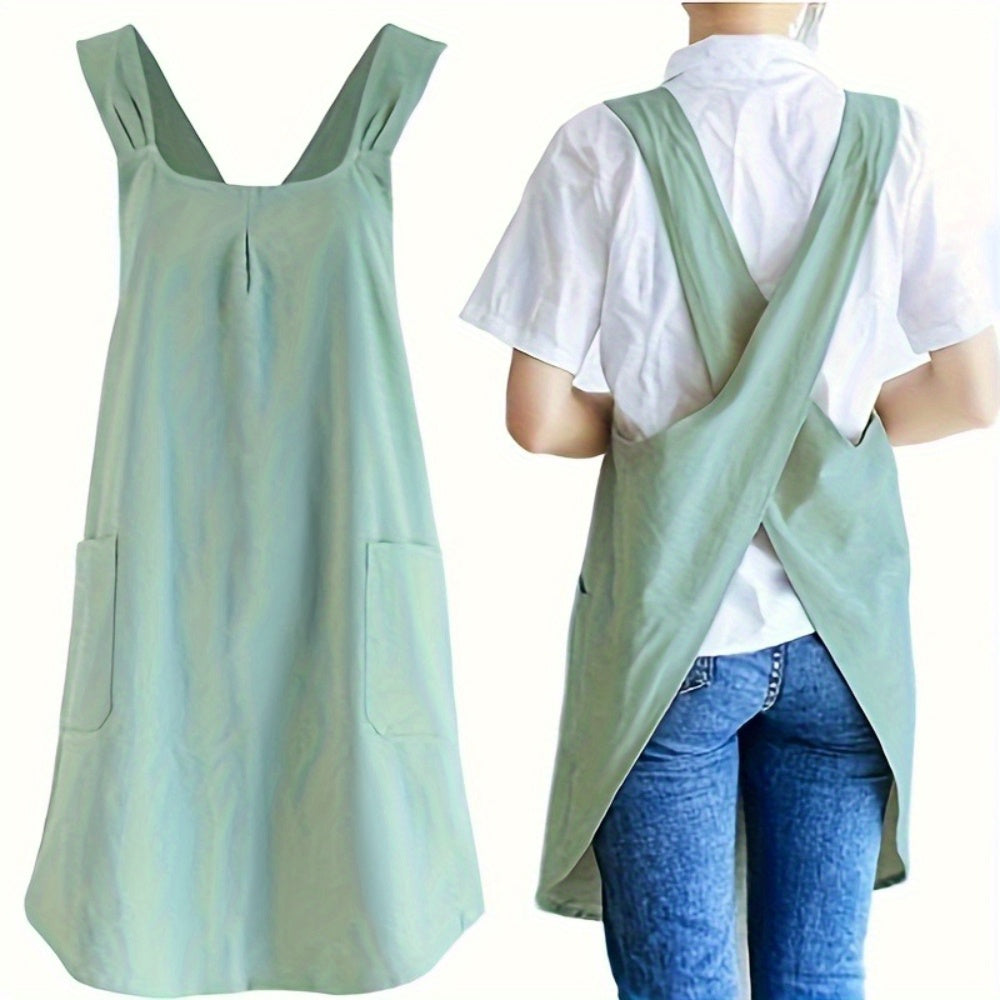 Women's Vintage Kitchen Apron with Adjustable Strap and No-Tie Closure, Solid Color Retro Cooking Apron in Grey, Mint Green or Blue Navy for Everyday Home Tasks