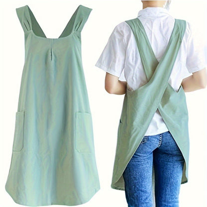 Women's Vintage Kitchen Apron with Adjustable Strap and No-Tie Closure, Solid Color Retro Cooking Apron in Grey, Mint Green or Blue Navy for Everyday Home Tasks