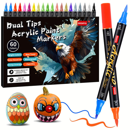 60-Color Acrylic Paint Markers with Dual Tips, Water-Based Art Pens for Rock Painting, Wood, Canvas and Decorative Glass Projects, DIY Craft and Gift Supplies