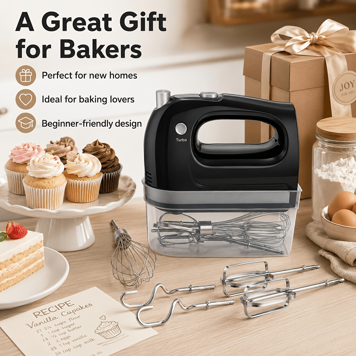 400W Hand Mixer with Five Speeds, Turbo Boost and Eject Button, Listed Five Stainless Steel Attachments and Five Color Options for Cake Batter, Eggs and Cream