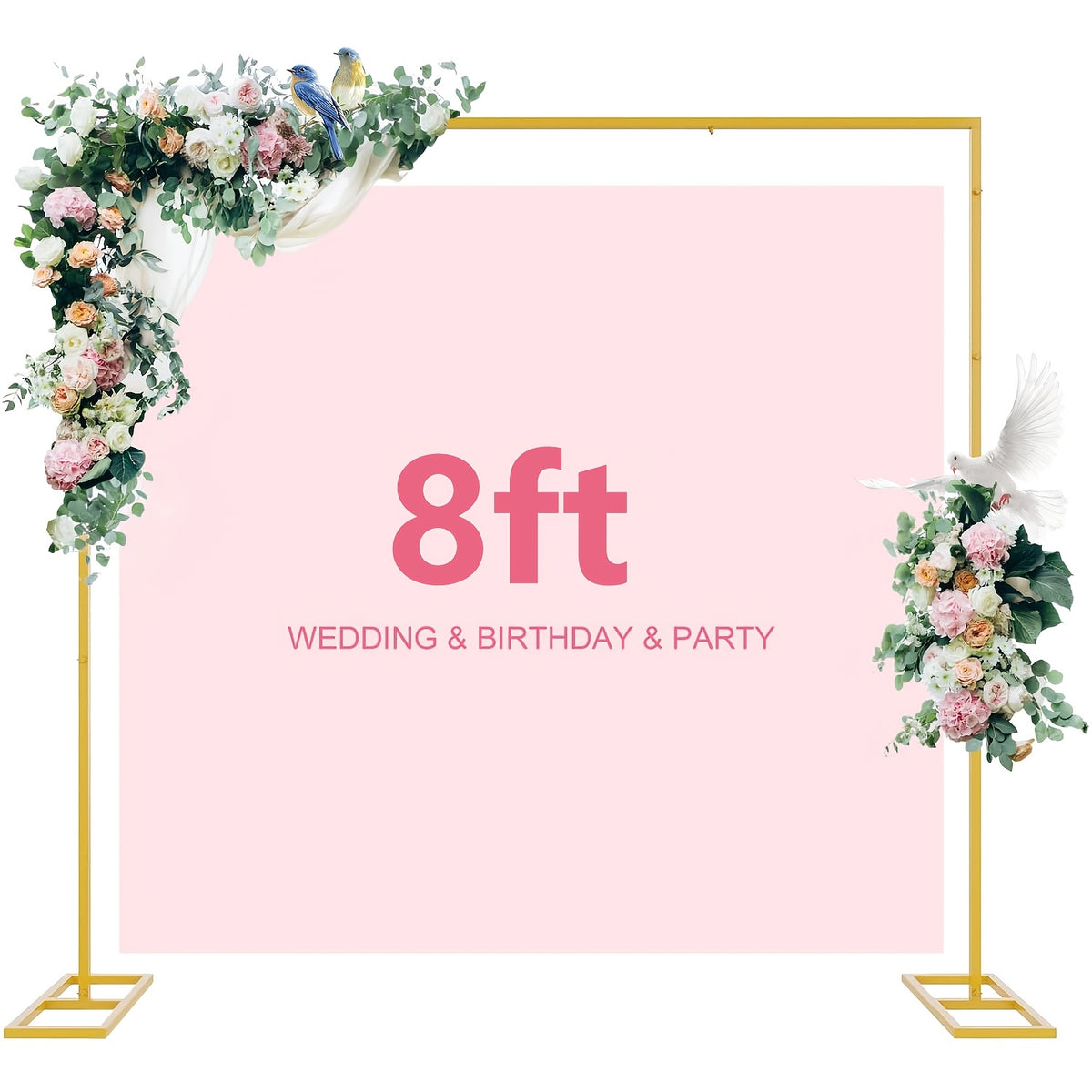 Wedding Backdrop Arch Frame with Metal Stand Options, Gold or White Two- and Three-Piece Selections plus Square Arch and Sign Display Styles for Party Decor