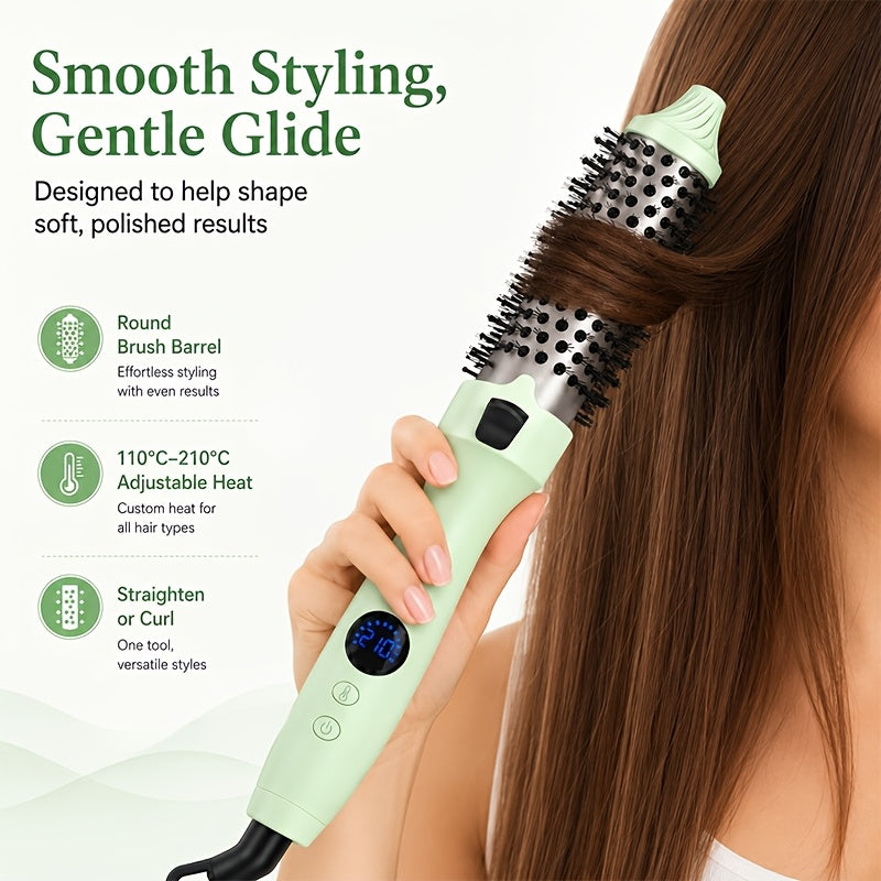 Non-Rotating Heated Hair Brush for Straightening, Curling and Inward-Turned Ends, 3-in-1 Round Barrel Styling Comb with No Airflow in Purple, Green or Pink