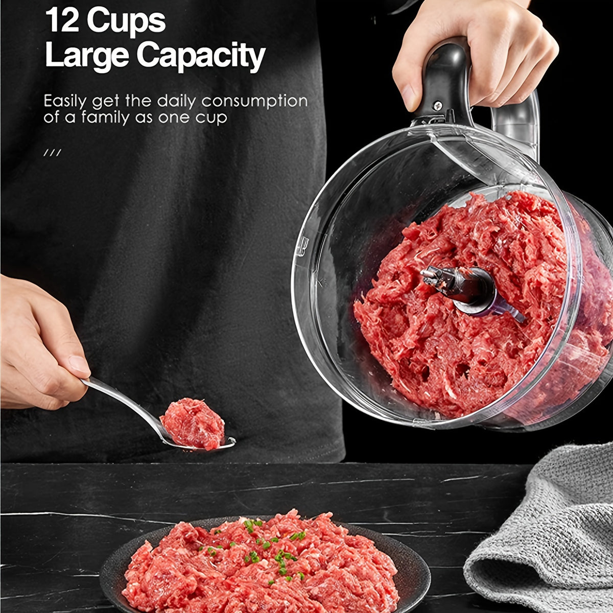 12-Cup Food Processor in Black, Multifunction Kitchen Prep for Chopping, Slicing, Shredding, Purees and Dough for Everyday Home Cooking