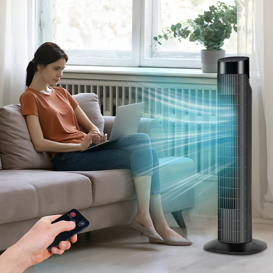 31-Inch Oscillating Tower Fan with Listed Remote Control, Three Speeds and 7.5-Hour Timer, White Option Labels for Bedroom, Living Room and Office Airflow