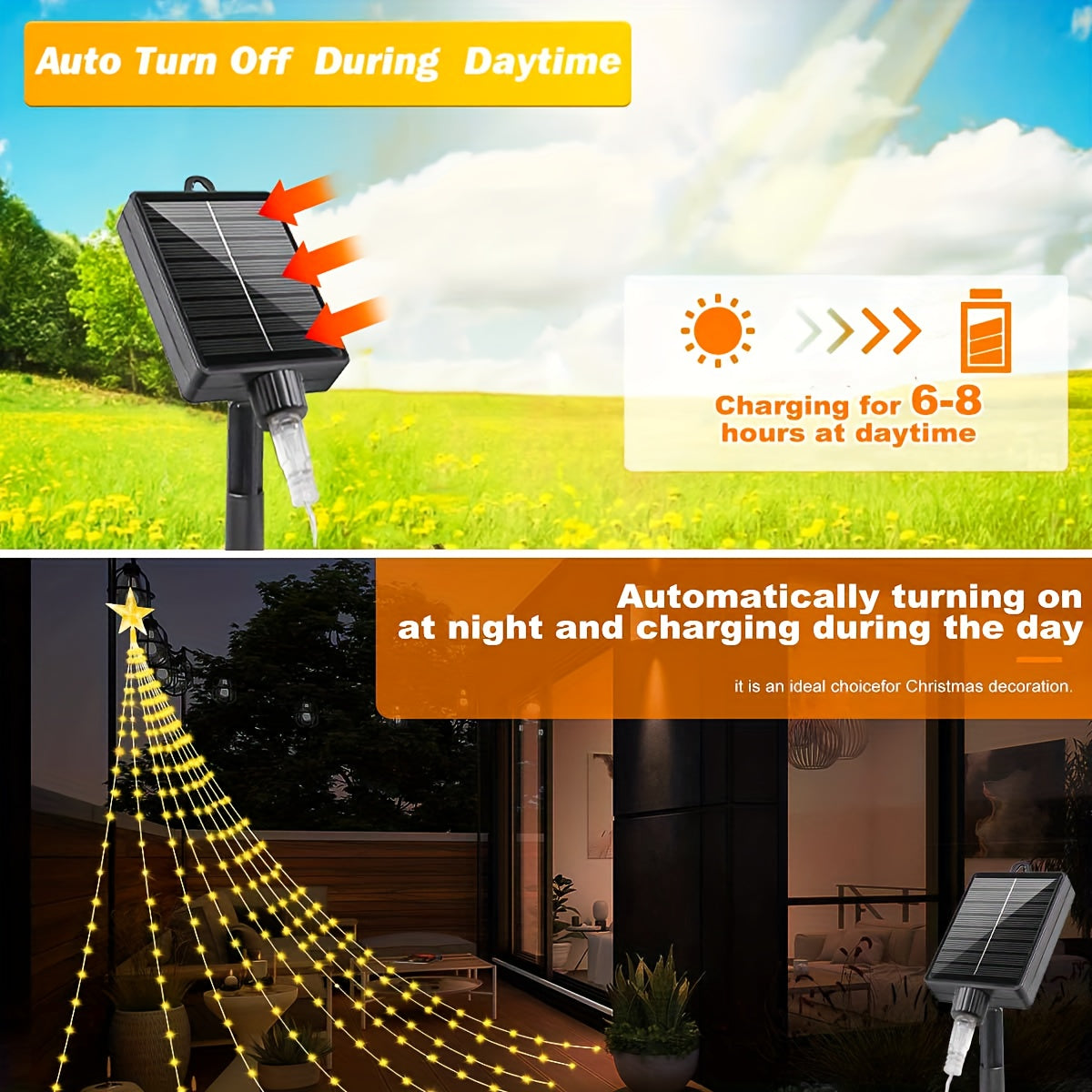 Solar Star Waterfall String Lights with White Color Label, 280LED-3M Model and Eight Listed Modes for Christmas, Garden Wedding and Seasonal Decorative Displays