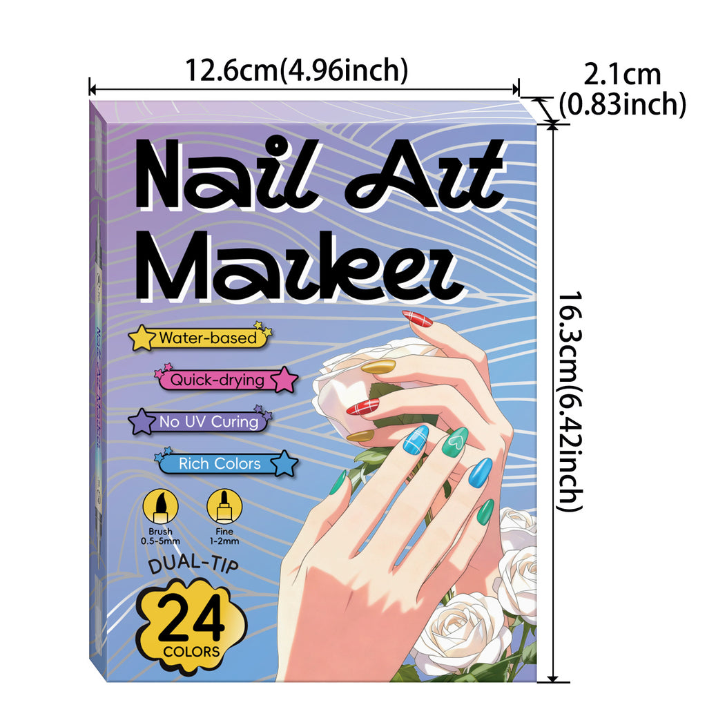 Dual-Tip Nail Art Markers 24-Piece Set, 12 Metallic and 12 Dopamine Color Acrylic Paint Pens for Graffiti-Inspired DIY Manicure Designs at Home or Salon
