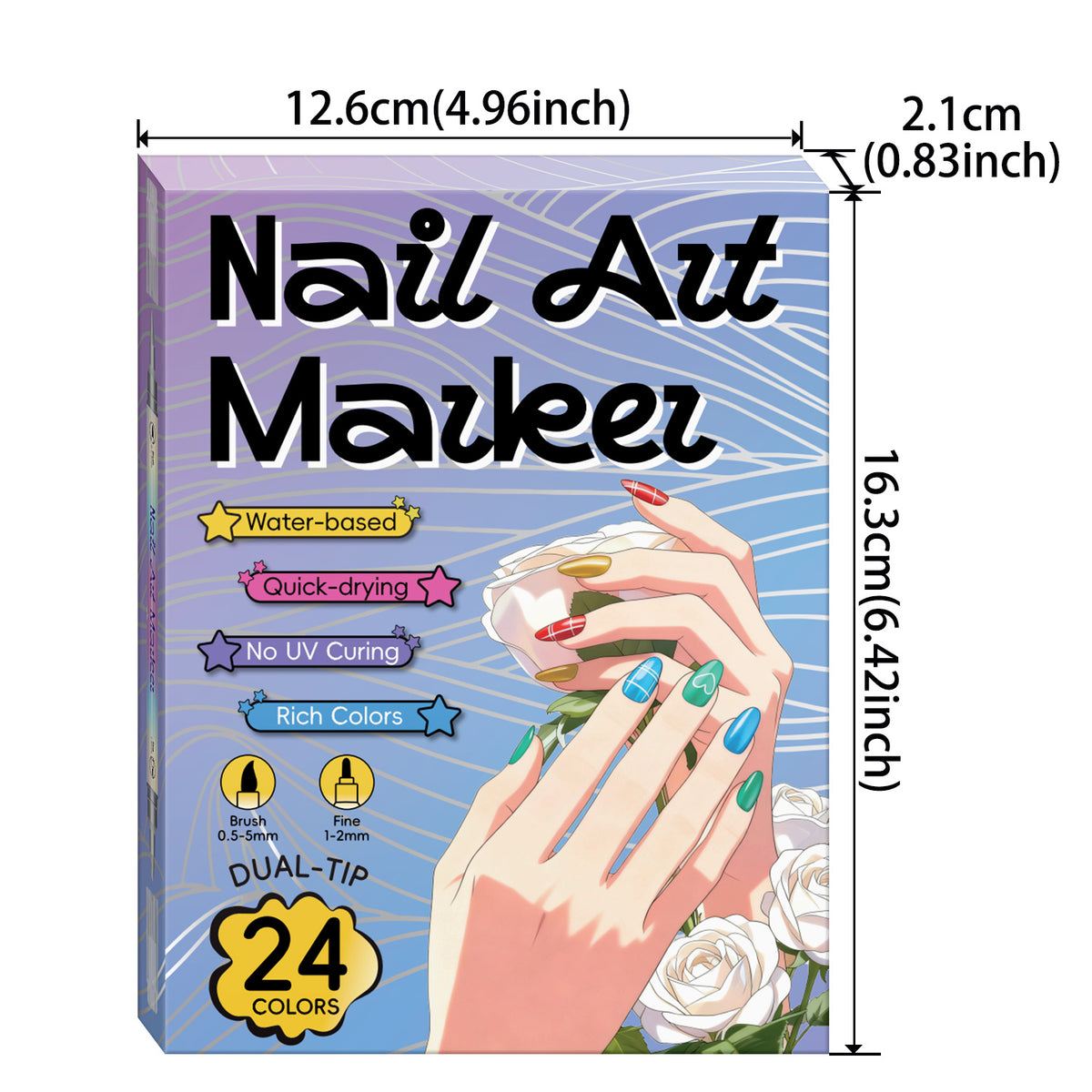 Dual-Tip Nail Art Markers 24-Piece Set, 12 Metallic and 12 Dopamine Color Acrylic Paint Pens for Graffiti-Inspired DIY Manicure Designs at Home or Salon