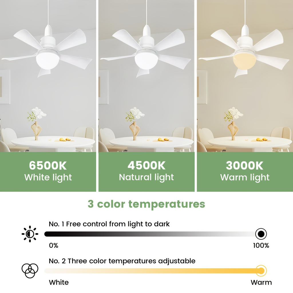 White Socket Fan Light with 20.5-Inch Design, Remote Control and Dimmable LED, Three 3000K–6500K Light Tones for Bedroom, Kitchen and Living Room Use