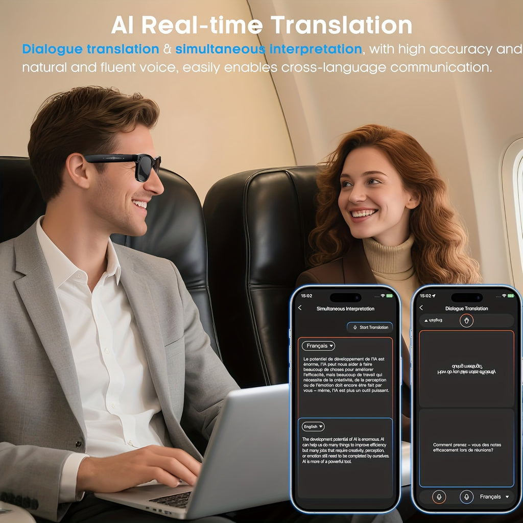 Camera Audio Smart Glasses with Replacement Lenses, Listed AI Translation, Object Recognition, Voice Assistant, Calls and Music for Everyday Wearable Use