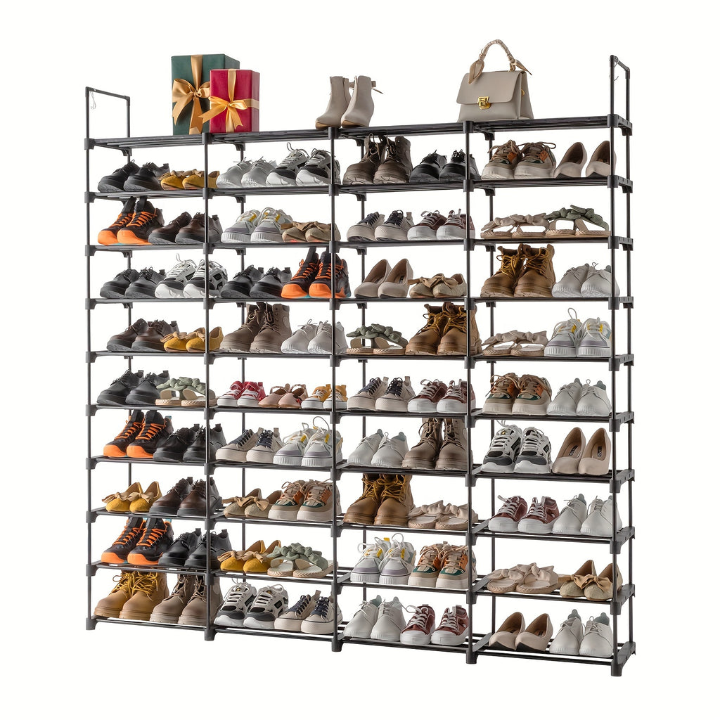 Modular Shoe Rack Organizer with Listed Metal Tubes and Tool-Free Assembly, Nine or Ten Shelf Configuration Labels for Entryway, Closet and Dorm Footwear Storage