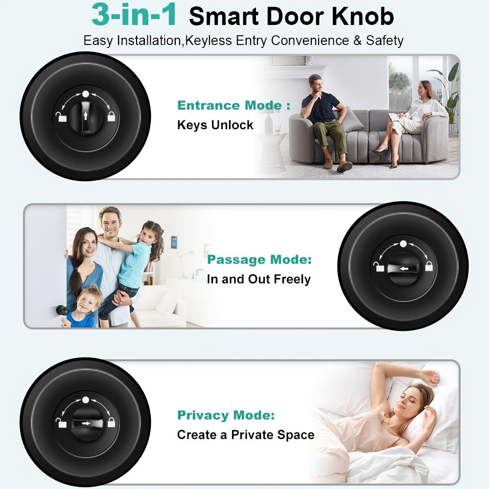 Rechargeable Smart Door Knob with Fingerprint, App and Physical Key Access, Entrance, Passage and Privacy Modes, K10 Finish Options
