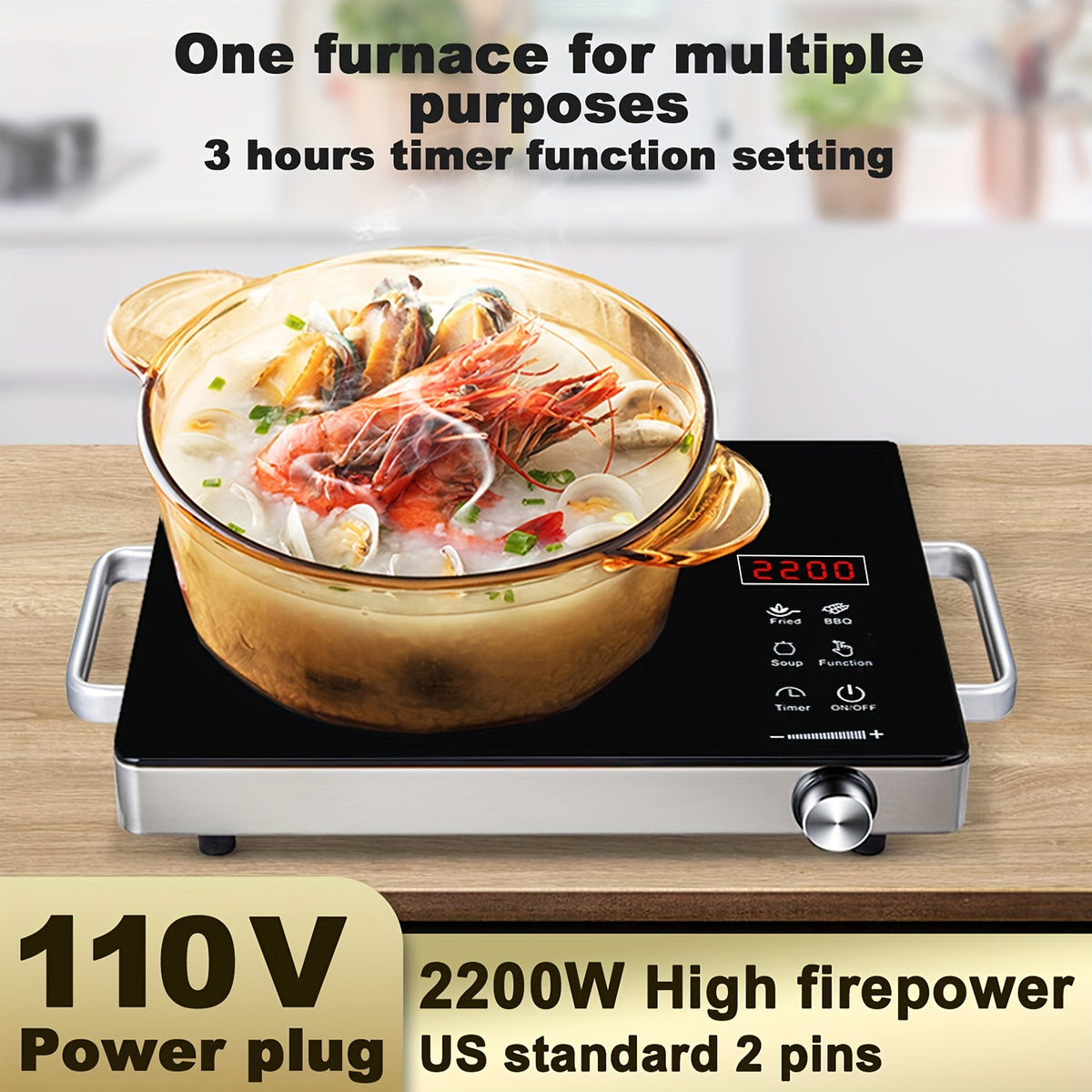 Induction Cooktop 2200W, Portable Electric Cooker with Touch and Knob Control, 3-Hour Timer and 4-Digit Display, Ceramic Single Burner Stove for Home Kitchen and Dorm, 110V US Plug