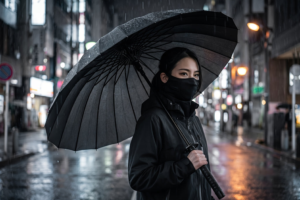 Samurai Umbrella in Black with Automatic Open and Close, Listed 24-Rib Steel Frame and Sword-Themed Styling for Rainy Days, Cosplay Outfits and Anime Fan Gifts