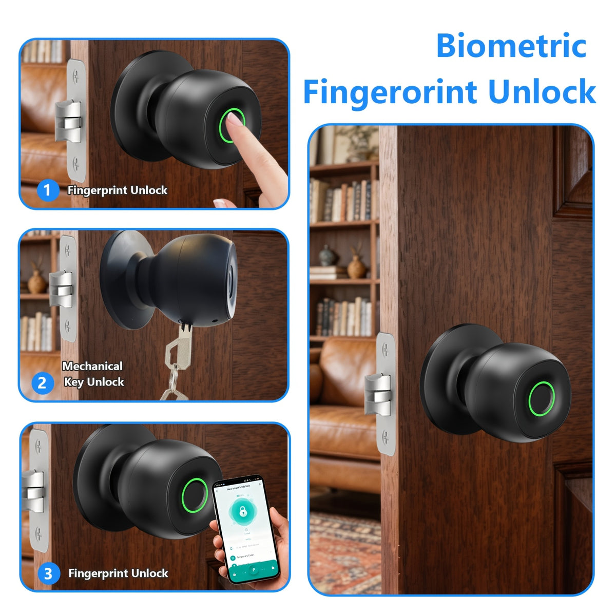 Biometric Smart Door Knob Lock in Black with Fingerprint Entry, App-Controlled Wireless Connection and Physical Key Access for Compatible Bedroom, Home and Office Doors