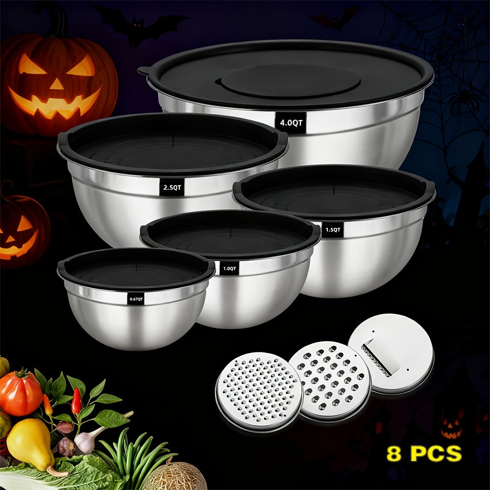 Silicone-Base Nesting Mixing Bowls with Listed Stainless Steel Construction and Lids, Multicolored or Black-8pcs Options for Baking, Food Prep and Serving