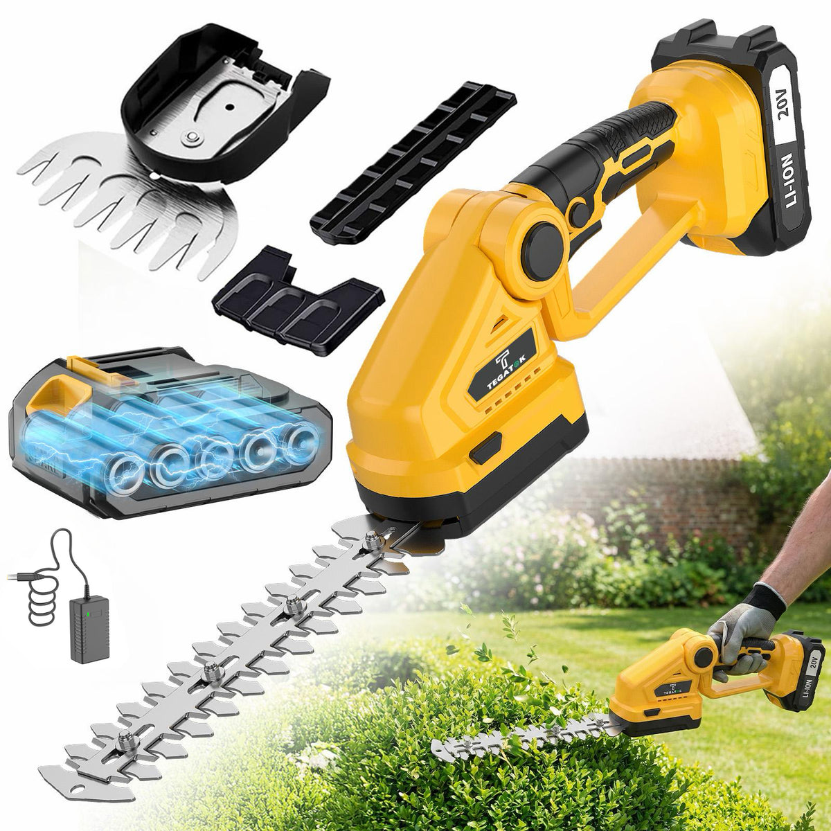 Cordless Hedge Trimmer by TEGATOK with Listed 20V Power, One- or Two-Battery Kit Options and Extended Model for Garden Shrub Trimming and Lawn Care