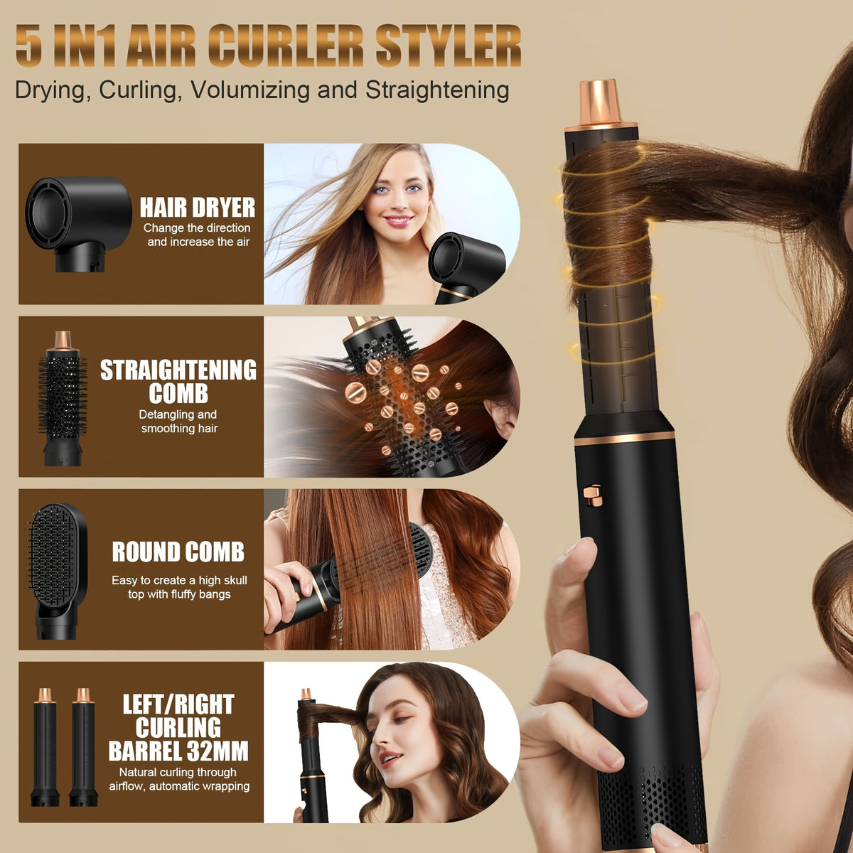 5-in-1 Hot Air Styler with Hair Dryer Brush, Listed Automatic Curling and Straightening Functions, Temperature Control in Black, White or Blue
